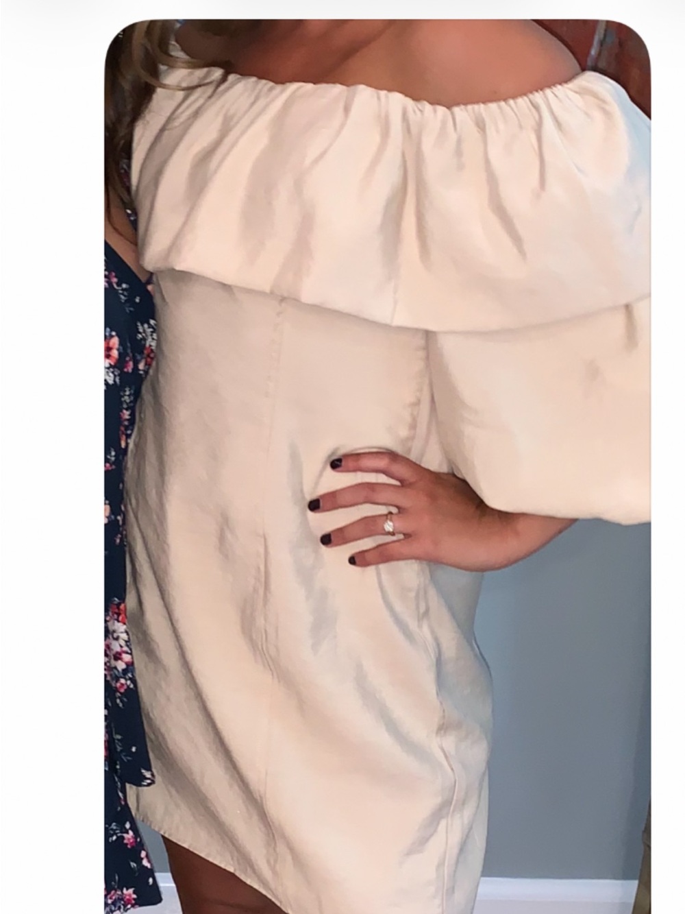 Lulu's Beige Off-Shoulder Ruffle Tunic. Size M
